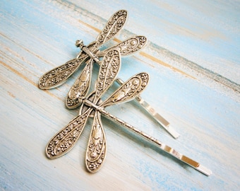 Antique Silver Plated Set of 2 Dragonfly Bobby Pins, Dragonfly Hair Clips, Boho Hair Clips, Boho Hair Accessories, Wedding Hair Accessories