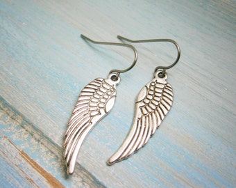 Angel Wing Antique Silver Charm On Stainless Steel French Earring Hooks/Dangle Earrings.