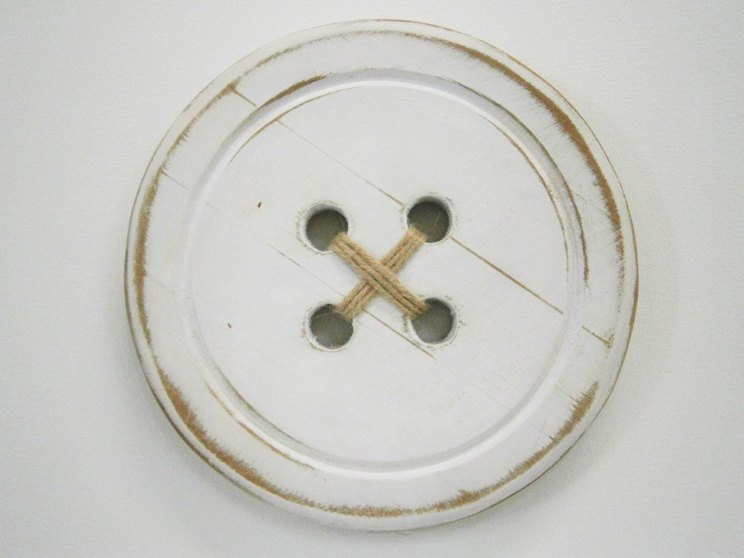 Large Wood Button Wall Art/White Painted Large Button with a distressed Shabby Chic/Rustic