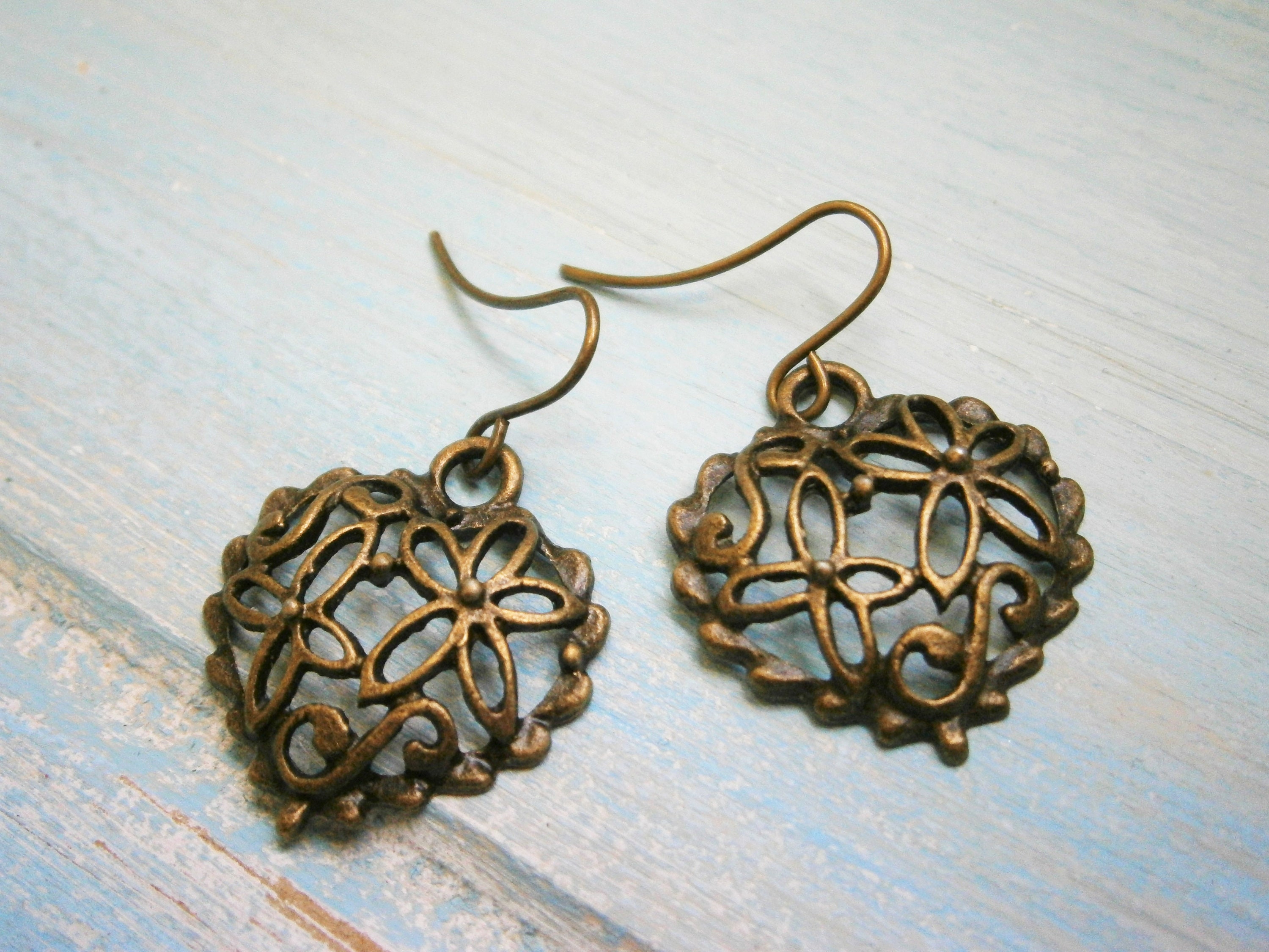 Filigree Heart Antique Bronze Charm On Antique Bronze French Earring