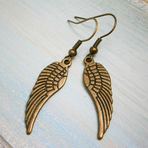 Angel Wing Antique Bronze Charm On Antique Bronze French Earring Hooks/Dangle Earrings/Wing Earrings/Bohemian Jewellery/Boho Earrings