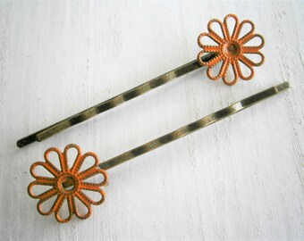 Orange Daisy Filigree Patina Antique Bronze Bobby Pins Set of Two/Hair Clips/Bohemian Hair Clips/Shabby Chic Hair Clips/Bobby Pins