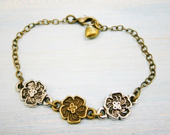 Antique Bronze & Silver Plated Three Flower Charm Bracelet/Boho Bracelet/Nature Inspired Bracelet/Woodland Jewelry/Wedding Jewelry