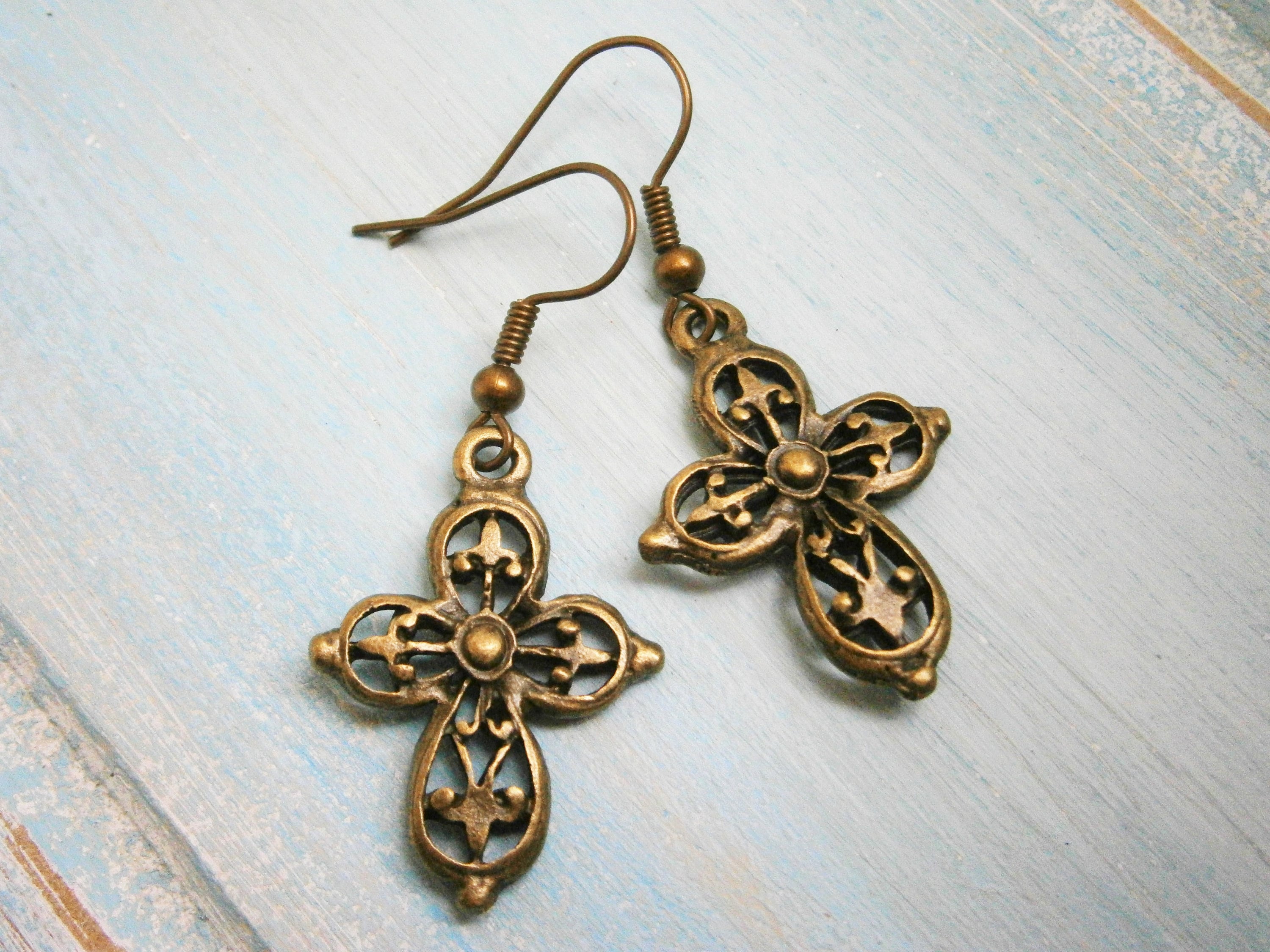 Antique Bronze Filigree Cross Charm Dangle Earrings/Boho Earrings/Cross
