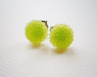 Frosted Lime Green Resin 10mm Dahlia Flower's set on Stainless Steel Earring Posts/Stud Earrings