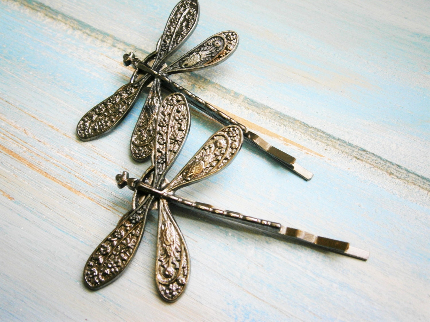 Gunmetal Black Plated Set of 2 Dragonfly Bobby Pins, Dragonfly Hair