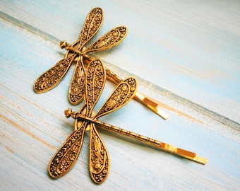 Antique Gold Plated Set of Two Dragonfly Bobby Pins, Dragonfly Hair Clips, Boho Hair Clips, Boho Hair Accessories, Wedding Hair Accessories