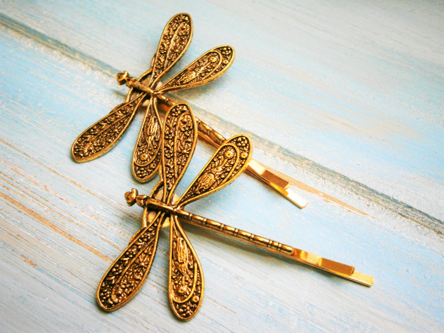 Antique Gold Plated Set of Two Dragonfly Bobby Pins, Dragonfly Hair