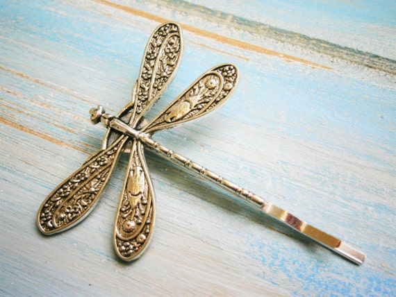 One Antique Silver Plated Dragonfly Bobby Pin Dragonfly Hair Etsy