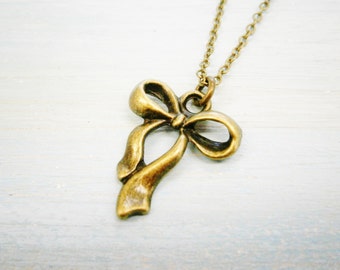 Antique Bronze Ribbon Bow Charm Necklace/Boho Necklace/Bridesmaids Gifts/Charm Necklace