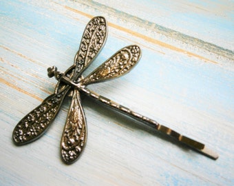 One Gunmetal Black Plated Dragonfly Bobby Pin, Dragonfly Hair Clip, Boho Hair Clip, Boho Hair Accessory, Wedding Hair Accessory