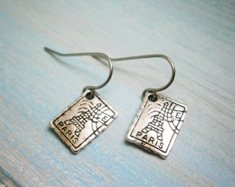 Antique Silver Plated Small Paris Stamp Charm Pendant On Stainless Steel French Earring Hooks/Paris Earrings/Boho Style/Travel Jewelry