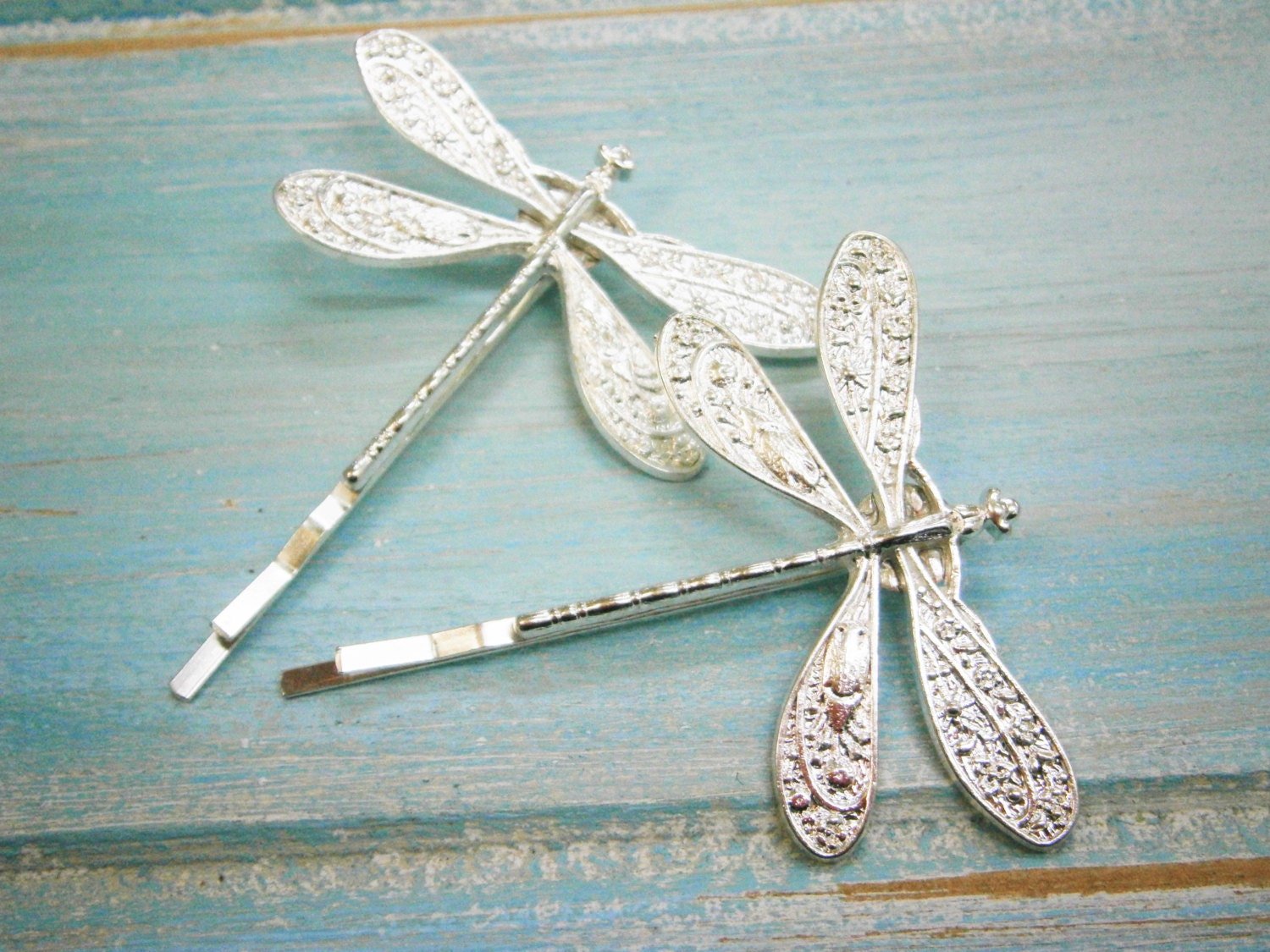 Silver Plated Set of 2 Dragonfly Bobby Pins, Dragonfly Hair Clips, Boho