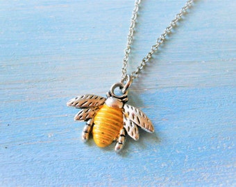 Antique Silver Bumble Bee Charm with Yellow Patina Detailing Necklace/Nature Necklace/Woodland Jewellery/Bee Necklace/Boho Jewelry