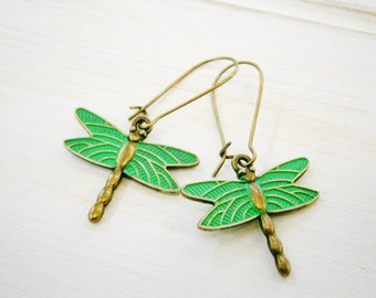 Antique Bronze Dragonfly with Emerald Patina Wings On Antique Bronze Kidney Wire Hooks/Dangle Earrings/Boho Jewelry/Woodland Jewelry