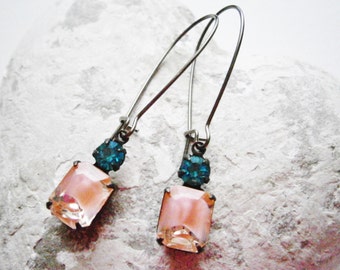 Vintage Pink Givre Glass Stone and Zircon Blue Swarovski Crystal in Black Brass Setting On Gunmetal Black Kidney Wire Hooks/Dangle Earrings