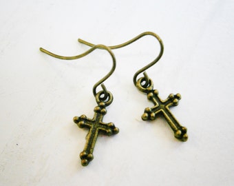 Antique Bronze Mini Cross Charm Dangle Earrings/Boho Earrings/Cross Earrings/Religious Earrings/Faith Earrings/Dainty Earrings