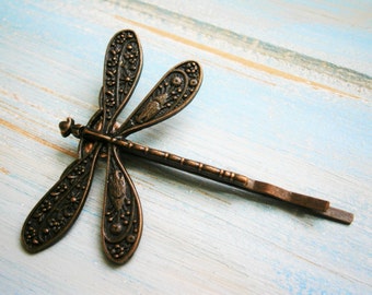 One Red Copper Plated Dragonfly Bobby Pin, Dragonfly Hair Clip, Boho Hair Clip, Boho Hair Accessory, Wedding Hair Accessory