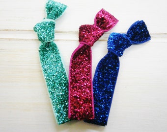 Set of 3 Glitter Hair Tie Package by Crimson Rose Cottage - Turquoise, Dark Pink and Royal Blue Glitter Hair Ties that Double as Bracelets