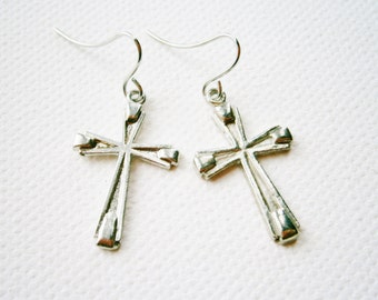 Antique Silver Cross Hanging on Small Silver Earring Hook/Dangle Earrings/Silver Cross Earrings