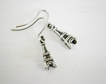 Small Antique Silver Eiffel Tower Charm On Stainless Steel French Earring Hooks/Paris Inspired Earrings/Romance Earrings/Paris Jewerly