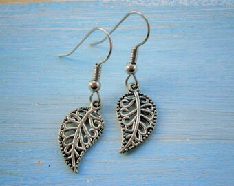 Antique Silver Mini Filigree Leaf Charm on Stainless Steel Earring Hooks/Dangle Earrings/Nature Earrings/Woodland Earrings/Hypo Allergenic