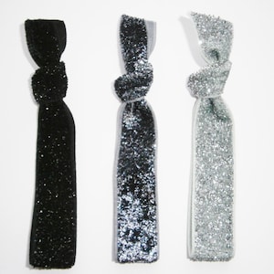 Set of 3 Glitter Hair Tie Package by Crimson Rose Cottage - Black, Charcoal and Silver Glitter Hair Ties that Double as Bracelets