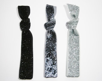 Set of 3 Glitter Hair Tie Package by Crimson Rose Cottage - Black, Charcoal and Silver Glitter Hair Ties that Double as Bracelets