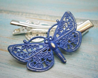 Cobalt Blue Hand Painted Patina Silver Plated Butterfly Filigree Shabby Chic Alligator Hair Clip/Boho Hair Clip/Rustic Butterfly Hair Clip.