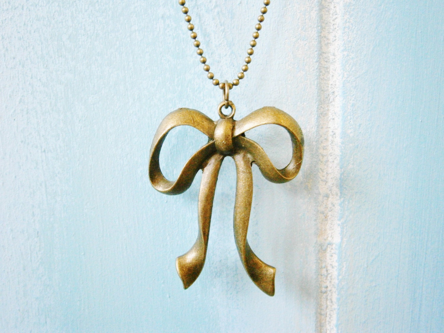 Antique Bronze Large Ribbon Bow Charm Pendant Necklace/Boho Necklace/Bow Necklace/Ribbon