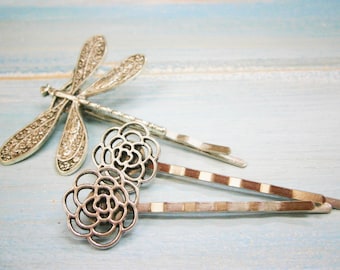 Antique Silver Plated Dragonfly & Filigree Flower Bobby Pin Set, Boho Hair Clip, Boho Hair Accessories, Wedding Hair Accessories, Hair Clips