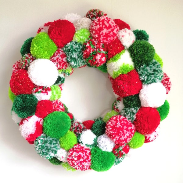 Large Christmas Multi Coloured Yarn Pom Pom Wreath/Party Decor/Christmas Wreath/Home Decor/Wreath/Bohemian Home Decor/Colourful Wreath