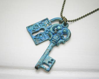 Blue Patina Key and Lock on Antique Bronze Ball Chain/Boho Necklace/Long Necklace/Layering Necklace/Patina Jewerly/Patina Necklace.