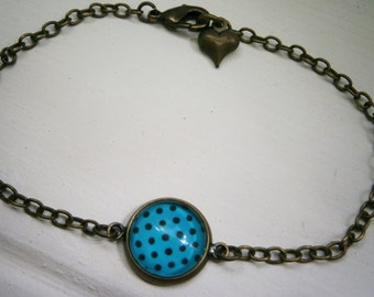 Blue & Black Polka Dot Antique Bronze Glass Dome Charm Bracelet/Boho Bracelet/Polka Dot Bracelet/Fashion Jewelry/Glass Dome Jewellery