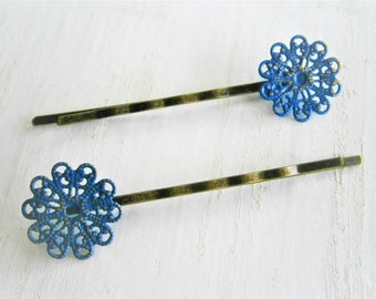 Cobalt Blue Patina Small Filigree Flower Antique Bronze Bobby Pins Set of Two/Hair Clips/Bohemian Hair Clips/Rustic Wedding/Bobby Pins