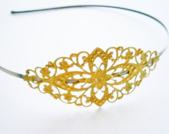 Antique Ohcre/Yellow Patina Filigree Headband - Hair Accessory, Bridesmaid Gift, Family Pictures, Stocking Stuffer