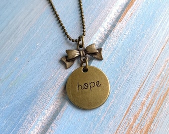 Hope Necklace/Antique Bronze Necklace with Antique Bronze Ribbon Bow Connector & Antique Bronze Hope Engraved Disc Charm/Boho Necklace