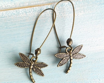 Antique Bronze Dragonfly On Antique Bronze Kidney Wire Earring Hooks/Dangle Earrings/Boho Jewelry/Woodland Jewelry/Nature Jewellery