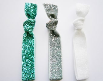 Set of 3 Glitter Hair Tie Package by Crimson Rose Cottage - Turquoise, Silver and White Glitter Hair Ties that Double as Bracelets