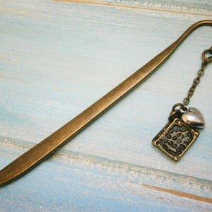 Bookmark with a Antique Bronze Book and Antique Silver Heart/Book Lover Bookmark/On To The Next Chapter Bookmark/Bookmarks for Books image 1