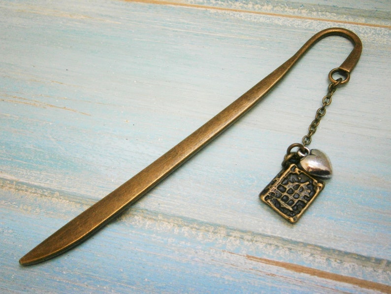 Bookmark with a Antique Bronze Book and Antique Silver Heart/Book Lover Bookmark/On To The Next Chapter Bookmark/Bookmarks for Books image 1