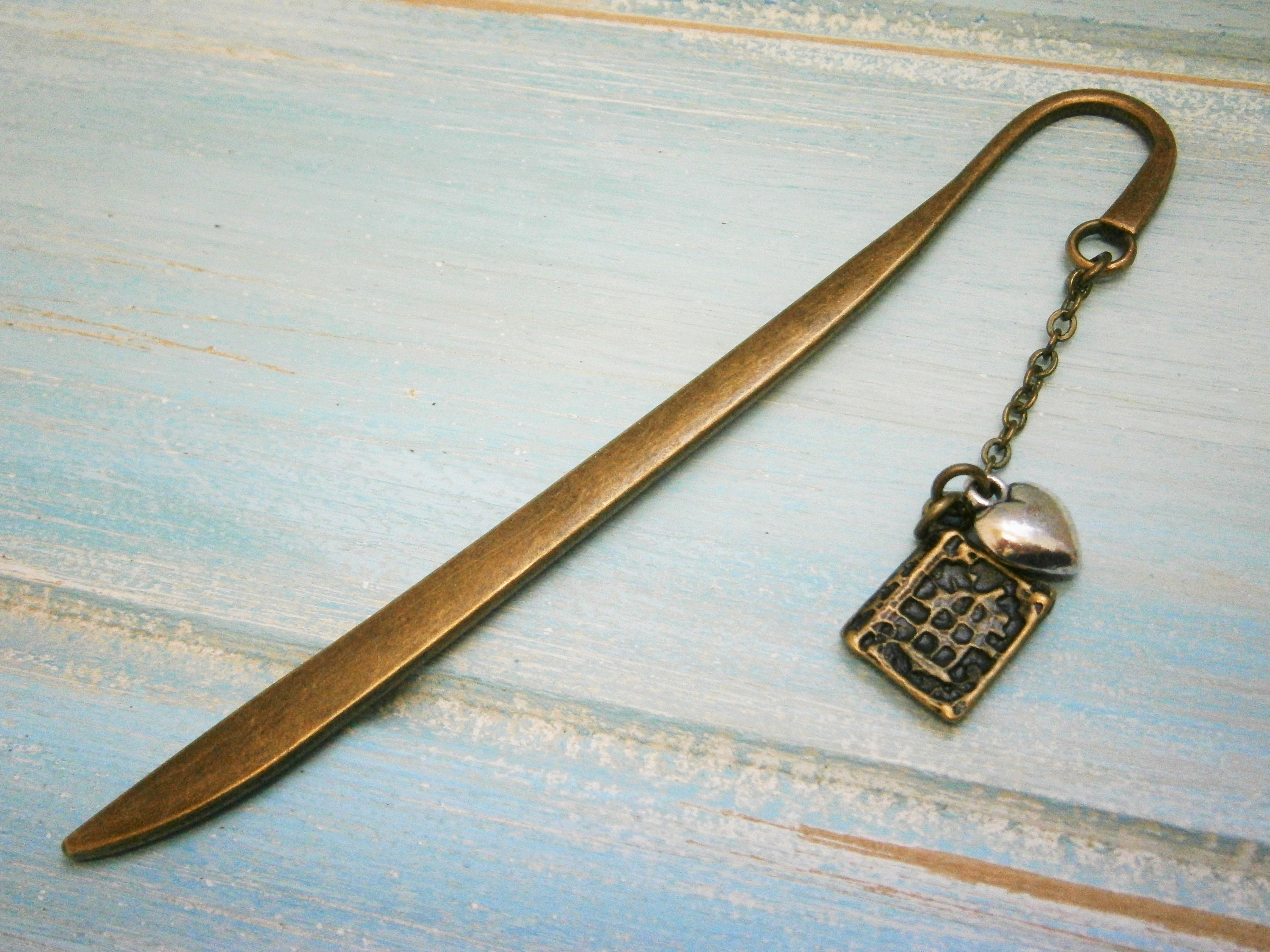 Bookmark with a Antique Bronze Book and Antique Silver Heart/Book Lover