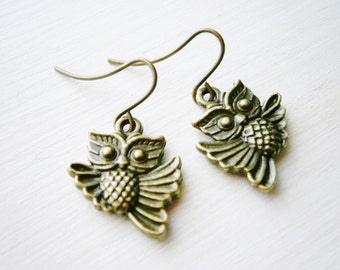Antique Bronze Owl Charm On Antique Bronze French Earring Hooks/Dangle Earrings/Nature Earrings/Woodland Earrings.