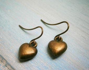 Antique Bronze Solid 3D Heart Charm On Antique Bronze French Earring Hooks/Heart Earrings/Romance Earrings/Steampunk Jewerly/Boho Earrings