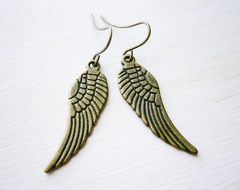 Angel Wing Antique Bronze Charm On Antique Bronze French Earring Hooks/Dangle Earrings.