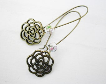 White Round Cloisonne Bead with Antique Bronze Filigree Flower On Long Antique Bronze Kidney Wire Earring Hooks/Dangle Earrings/Boho Jewelry