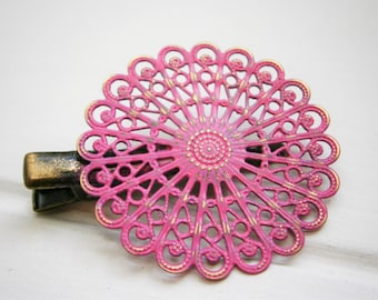 Hot Pink Hand Painted Patina Antique Bronze Round Filigree Shabby Chic Alligator Hair Clip/Boho Hair Clip/Rustic Hair Clip.