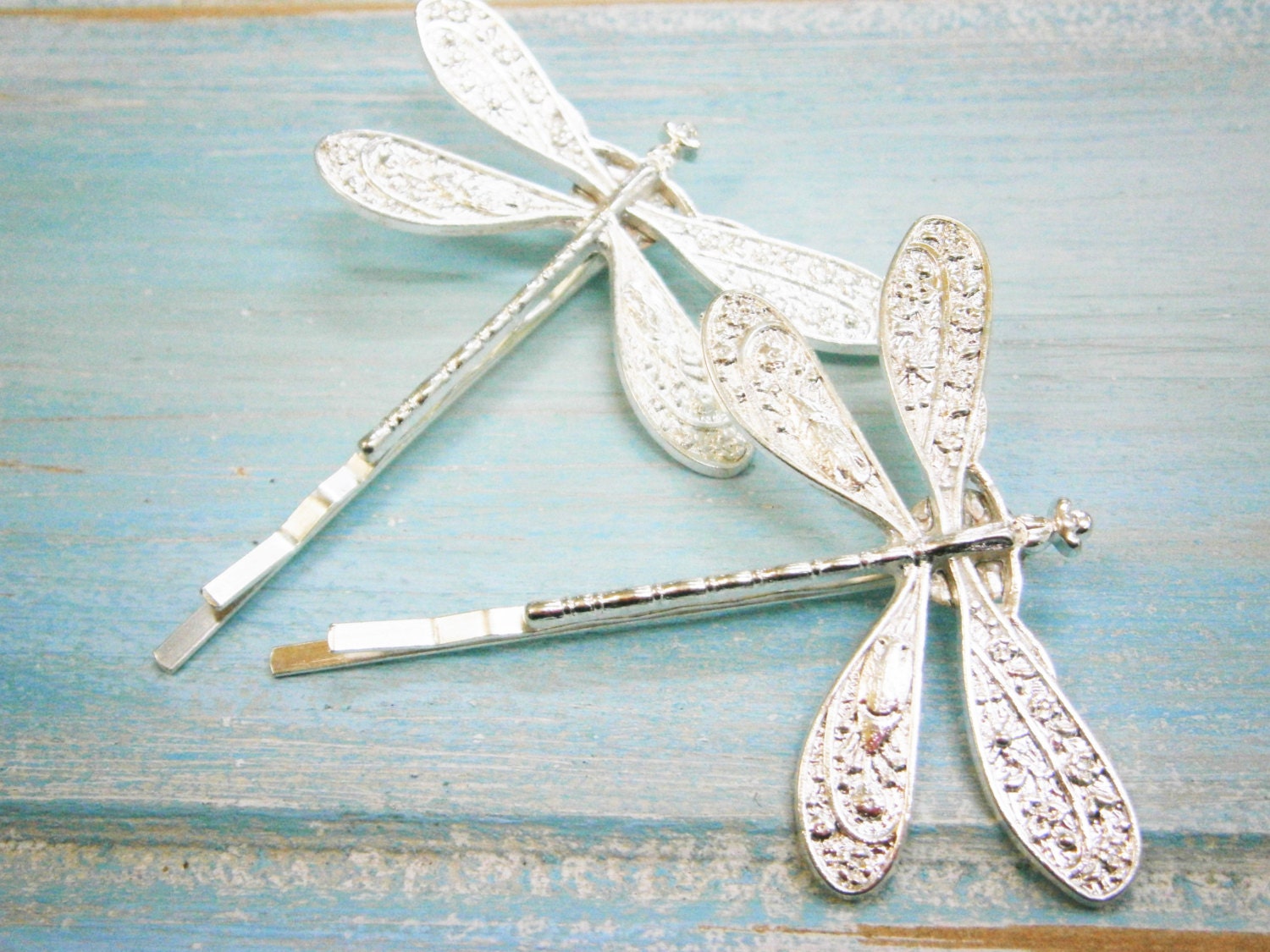 Silver Plated Set of 2 Dragonfly Bobby Pins, Dragonfly Hair Clips, Boho