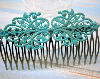 Large Turquoise/Verdigris Patina Filigree Lace Hair Comb - Vintage Inspired/Shabby Chic/Bohemian/Bridesmaids Gifts/Bridal Hair Accessory