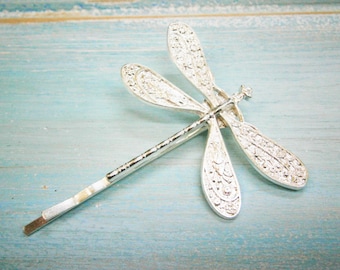 One Silver Plated Dragonfly Bobby Pin, Dragonfly Hair Clip, Boho Hair Clip, Boho Hair Accessory, Wedding Hair Accessory, Rustic Wedding